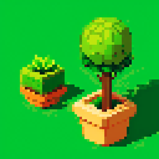 topiary plant, isometric asset, decorative pot, art nouveau garden, pixel art, sRGB