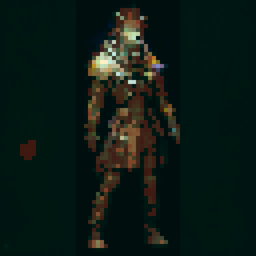 young frail fighter scavenger, pixel art, fantasy apocalypse, vibrant colors, intricate armor, towering ruins, overgrown vegetation, magical artifacts, glowing crystals, eerie atmosphere, dilapidated cityscape, mysterious creatures