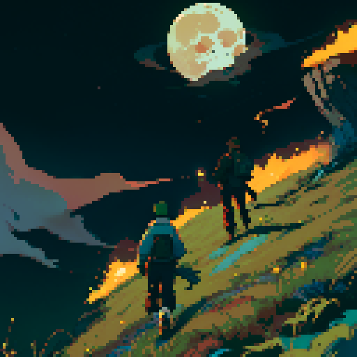 The scene is set as the main protagonist, gurney as seen in the bottom right is on a hill looking over a desolate area with sparse plant life up in flame. We see the back of his head, with his distinct jaw and a cigarette in his mouth. in the distance is a large laboratory, which has smoke coming out of it and a hole in the top. The sky is full of starts, a moon and a distant alien planet. Gurney must be present with his distinct head seen in the reference image, his green top dark brown pants