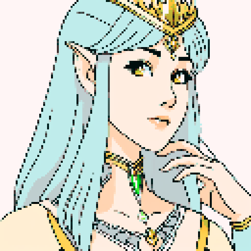 beautiful illustrious Elf Queen, golden-sun hair with white, comforting, welcoming look, ceremonial regal clothes of the elven royalty, pixel art, sRGB