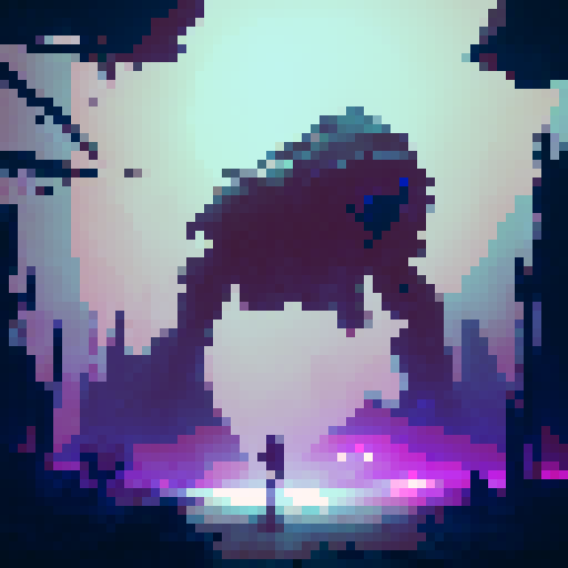 large, menacing, skeletal figures, towering over an eerie, lifeless field with gnarled trees, bathed in the dim, flickering glow of pixelated neon lights, evoking a neo noir aesthetic, reminiscent of a dark fantasy RPG