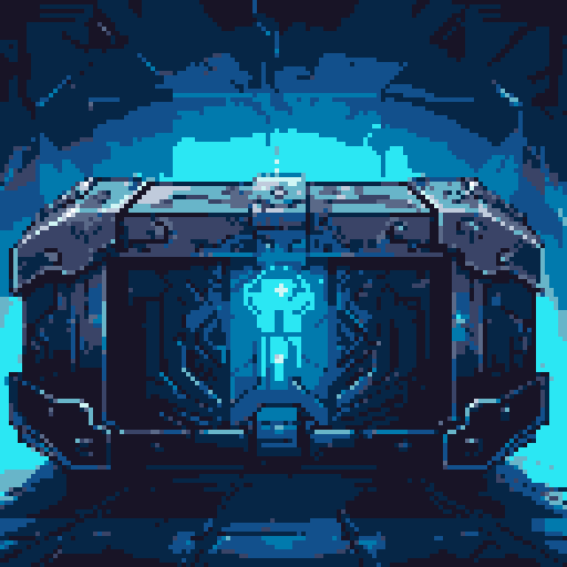 mystery box, stone, metall, shiny, pixel art, sRGB, vibrant colors, glowing lights, intricate patterns
