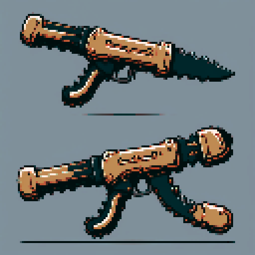 I want a copper structure reminiscent of an magical chainsaw. It should have strange mechanical details that could interlock with other pieces. I also want this object usable an asset in a videogame, meaning only one object per image, outlined with a strong black stroke, on a solid-color background.