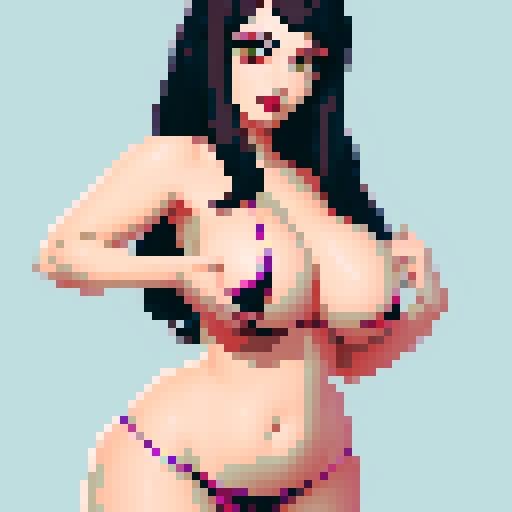curvy, cute, goth girl, black hair, purple eyeshadow, red lipstick, Bikini. Nude glamour shot.