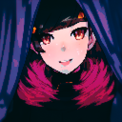 A brown-haired girl with brown eyes smiles as she stands amid blue curtains in a black dress and floating cherry blossom petals