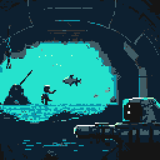underwater scene with faceless diver looking towards camera holding a harpoon gun, ambient feel with slight sci fi and metroidvania elements