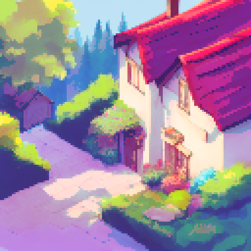 small wooden house, red roof, middle of forest, flowing river, picturesque street, mountain hills, chimney with smoke, lights on in house, booth next to house, landscape portrait