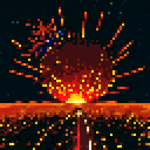 Meteor, streaking through the night sky, fiery trail fading into the darkness, vibrant shades of orange and red, pixelated explosion illuminating the landscape with bursts of sRGB colors