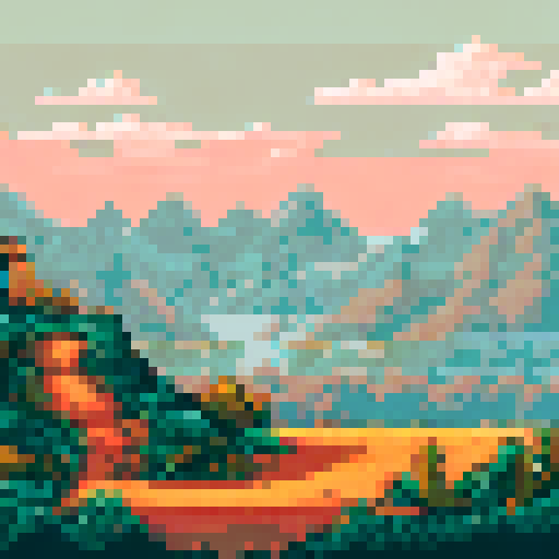 Barren wasteland, desolate mountains, jagged rocks, dry cracked earth, arid cacti, abandoned ruins, fading sunset, pixelated sand dunes, sRGB colors, pixel art, detailed background, vast landscape