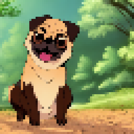 Lovely pug singing in a forest 