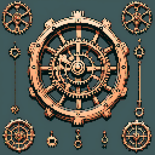 I want a copper gear that looks like it was made by a master clockmaker. It should have strange mechanical details that could interlock with each other. I also want this object usable an asset in a videogame, meaning only one object per image, outlined with a strong black stroke, on a solid-color background.
