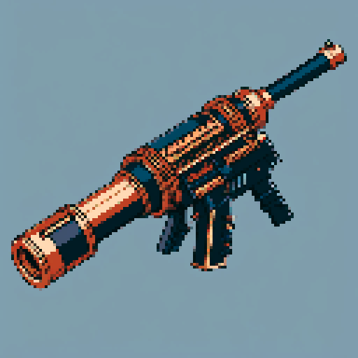 I want to see a simple copper minigun with 8 barrels floating in the center of the frame. It should have strange mechanical details that could interlock with others. I want this object usable an asset in a videogame, meaning only one object per image, outlined with a strong black stroke, on a solid-color background. 
