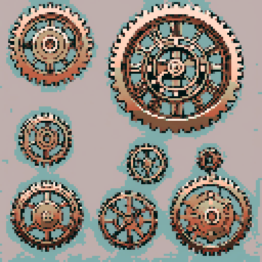 I want a copper gear that looks like it was made by a master clockmaker. It should have strange mechanical details that could interlock with each other. I also want this object usable an asset in a videogame, meaning only one object per image, outlined with a strong black stroke, on a solid-color background.