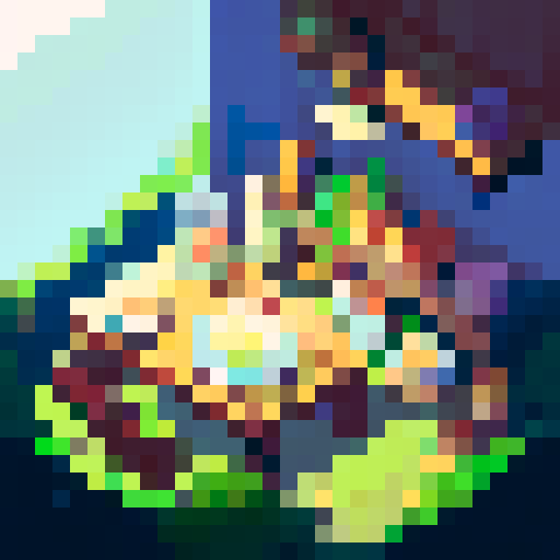 Cozy inn with dim lights and band of heroes sitting next to the table, pixel art 