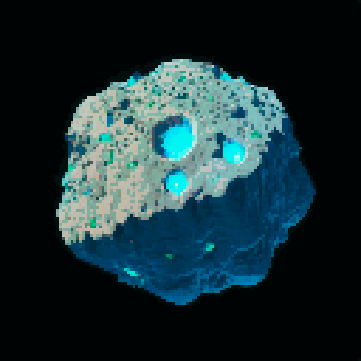 2D asteroid with jagged edges, wireframe outlines, geometric shapes, low-resolution textures, pixelated craters, retro color palette, and sRGB color space, viewed from above