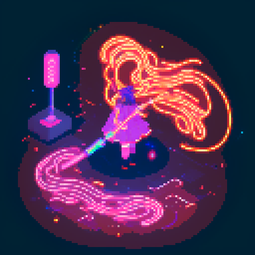 Mage anime girl with flowing hair, fluorescent tattoos, and a glowing staff, navigating through a purple neon-lit night market, vibrant colors, intricate patterns, retro aesthetics, pixel art