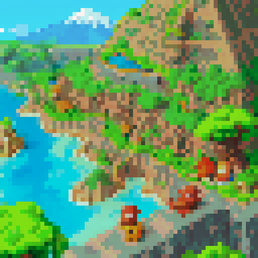 With a background of mountains with a volcano and lava, three villain faces, one a shark and one a rat, are targeting to conquer a village made of green trees and blue rivers. 