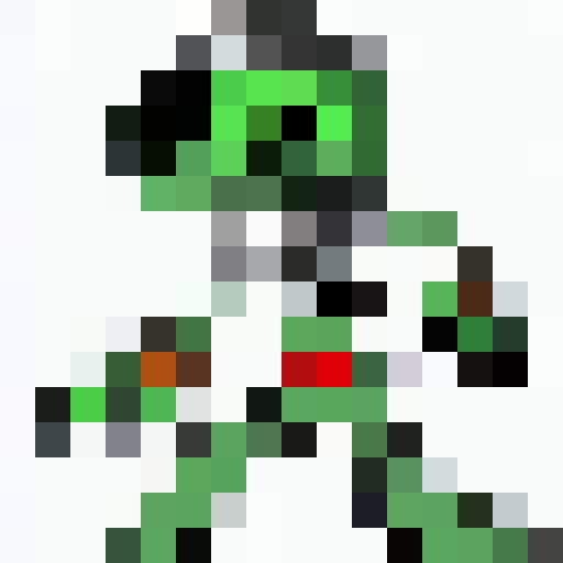 A silver and neon green robot, it's head is a radio or a tv. It's throat has a voicebox on it.