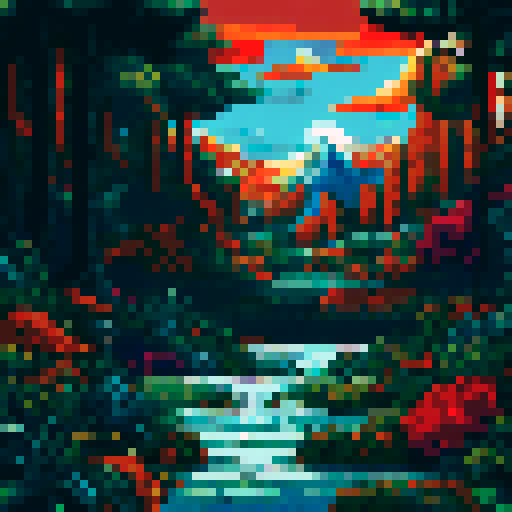 Mountainous terrain with a vibrant sunrise, highlighting the beauty of nature in pixel art with sRGB colors and a detailed landscape background