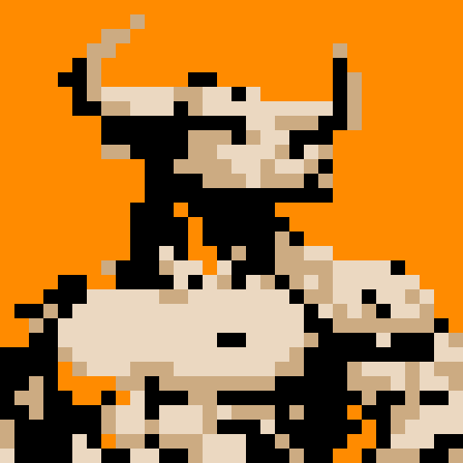 A pixel art portrait of a bull with a neutral expression, featuring a minimalist design with light skin tone, solid colors, Set against a solid orange background. The style is reminiscent of early video game characters, with a square aspect ratio.