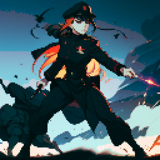 full-body image, military general woman, black uniform, black hat, evil, facing left, ready to fight, war background, battlefield, warfare