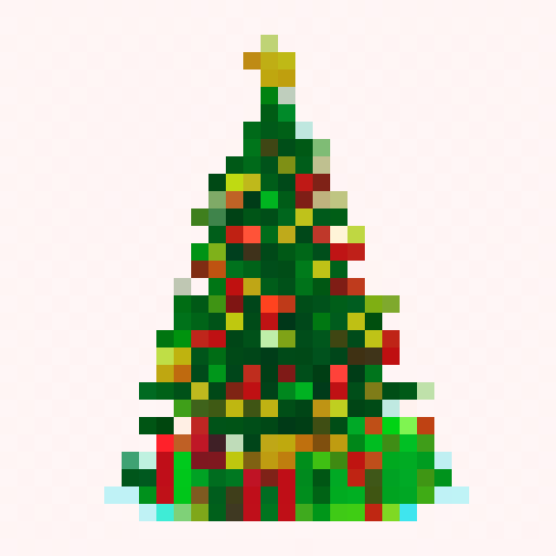 Christmas tree video game badge, bold black outline, defined lines, vibrant srgb colors, 32x32, pixel art