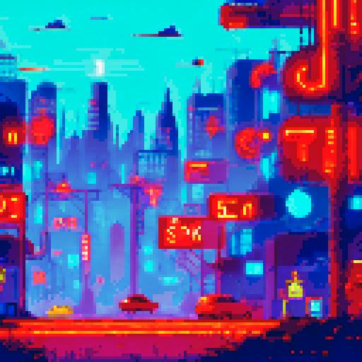 Cyborg scavenger with glowing eyes, navigating through rusty pipes and broken neon signs in an abandoned city of towering skyscrapers, illuminated only by flickering holograms and polluted air, with abandoned vehicles scattered in the background - all portrayed in dark, sRGB pixel art style