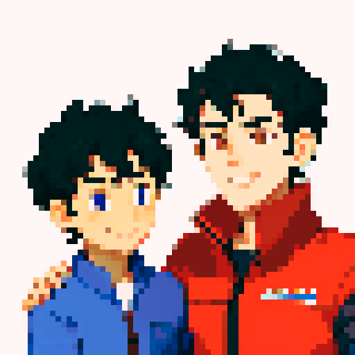 Two males, mecha pilot with pilot cap and gray eyes smiling, arm draped over male with short curly black hair, smiling with tired eyes, pixel art, sRGB