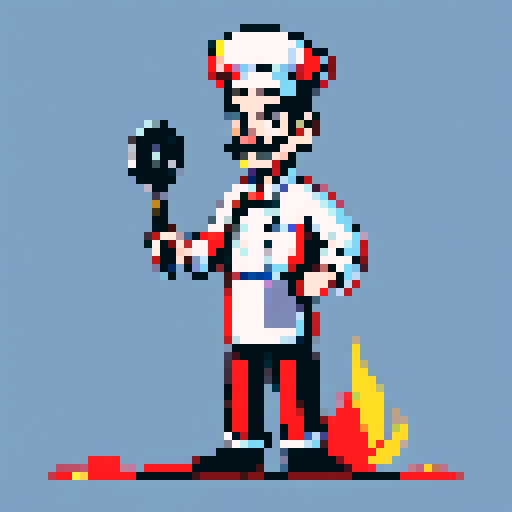 cooking chef with moustache, frying pan in hand, pixel art, vibrant sRGB colors

