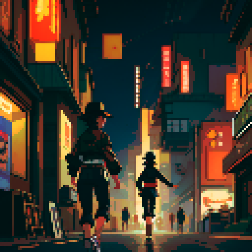 The girl in the middle, short black hair, brown hat, brown jacket, black trousers, turn back, running, far view from the back, Night Thai urban background