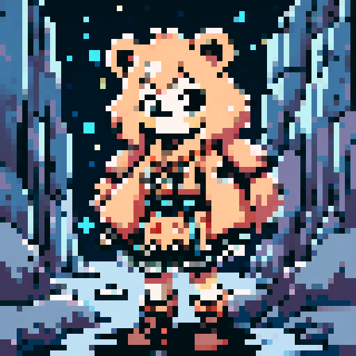 A graphic depiction of a bear in retro 1995 anime style, chibi form, with expressive black eyes and brown fur, styled with long twin pigtails. Wearing magical clothes with intricate belts and patches. Background of a wild magic night with a dark waterfall and bright stars. Created Using: classic anime aesthetics, detailed magical garments, enchanting night setting, vivid portrayal, star reflections, dynamic composition, hd quality --ar 2:3 --v 6.0