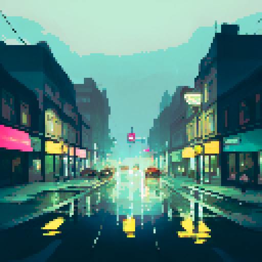 dark night, glowing gas pumps, flickering neon sign, empty parking lot, towering city skyline, distant headlights, reflections on wet pavement, abandoned car, misty streetlights, illuminated storefronts, lonely figure, rain-soaked windows, hazy atmosphere