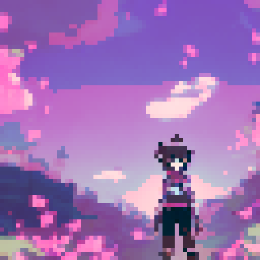 Black-haired anime girl with a serene expression, her face framed by delicate cherry blossom petals, against a vibrant sRGB pixel art background of a sweeping pastel landscape