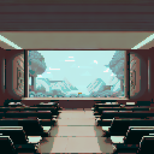 Cozy lecture hall with muted, sRGB pixel art in greys and browns, featuring a serene background landscape