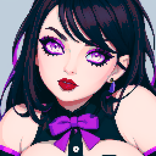 curvy, cute goth girl face, black hair, purple eyeshadow, red lipstick, face portrait, glamour shot, vibrant sRGB colors, pixel art