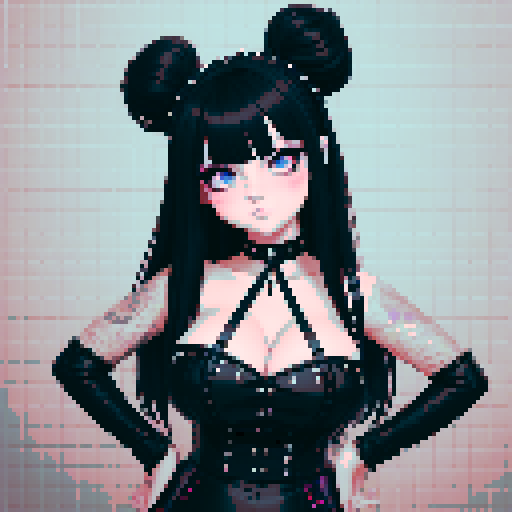 Curvy cute goth girl bartender, long hair in buns with bangs, dark smoky eyes, black studded choker, fishnet stockings, pouring colorful cocktails. busty goth babe with studded collar, wearing buckled halter top, in a full face portrait with a glamour shot aesthetic, against a moody tile backsplash, capturing an edgy pixel art style in sRGB