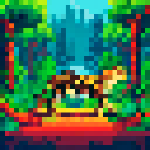 a cute jaguar in the forest. the scenery have on tree in each side and the sky have a bright sun
