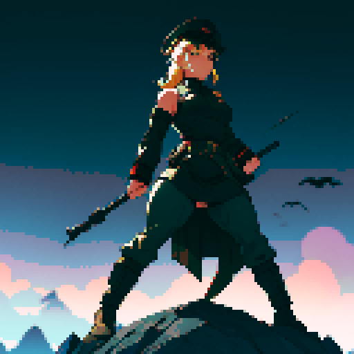 full-body image, muscle girl, female, thick biceps, big shoulders, big fists, muscular physique, thick waist, facing left, ready to fight, exaggerated proportions, black military uniform, black hat, military backdrop, sRGB, pixel art, army behind her, military behind her, army in background, army, soldiers, evil, dark, evil soldiers, nazi