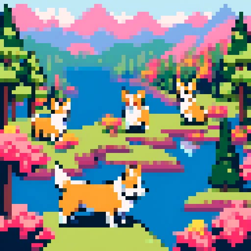 So many pixel art corgis, vibrant sRGB colors, a background filled with a picturesque landscape