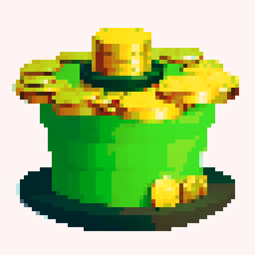 green top hat upside down with gold coins inside of the upside down top hat