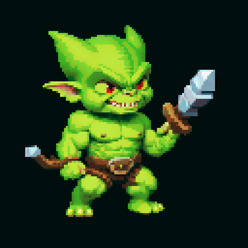 A larger, more ferocious goblin with bulging muscles, heavy armor, and a massive weapon. It has wild eyes and a frenzied expression, ready to charge into battle. No background.
