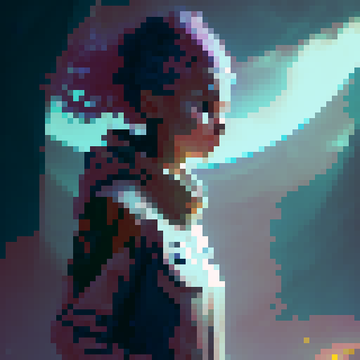 bold, fierce, yet slightly adorable humanoid creature with a semi-profile, featuring glowing eyes, and flowing, ethereal hair, no background