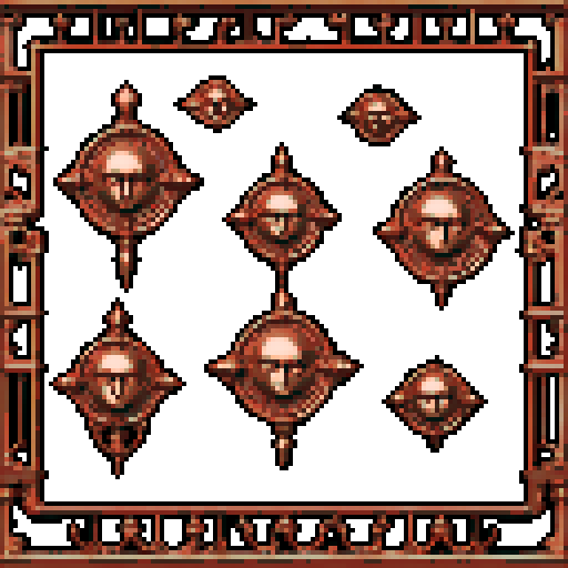 simple, geometrical pieces copper from old door knocker and gargoyles. Steampunk. It should be seen as if on a wall, with no perspective, on a solid-color background. There should one be two or three pieces in each frame, it shouldn't be complete.