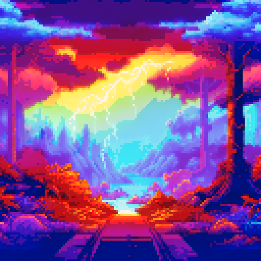 Forest ablaze with lightning bolts illuminating the night sky, casting shadows of towering trees on the pixelated landscape