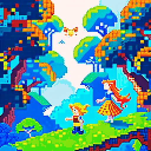 An illustration in the style of a pixel art of two people, a pixelated girl with orange hair, a pixelated girl with blue hair and a white pixelated cat, in a mysterious and primordial rainforest scene, A pixel parrot flies in the sky