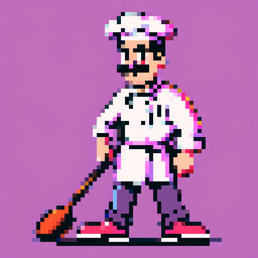cooking chef with moustache, frying pan in hand, pixel art, vibrant sRGB colors

