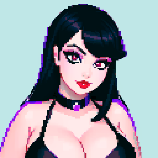 curvy, cute goth girl with black hair, purple eyeshadow, and red lipstick, wearing a bikini, in a glamour shot, with pixel art and sRGB style