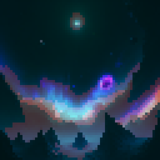 "Chromatic planet with rippling auroras, surrounded by tiny moons that spark like fireflies in the deep space abyss, rendered in a whimsical, painterly style."