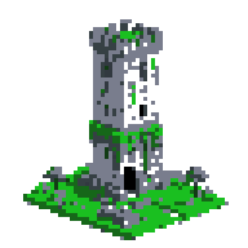 2d grey stone tower in an ancient english style. Old and crumbling but still upright. Green vines crisscross it. Usable as an asset (clear, thick lines and a white background). Put a black stroke around the composition