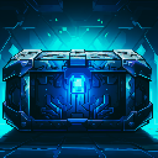 mystery box, stone, metall, shiny, pixel art, sRGB, vibrant colors, glowing lights, intricate patterns
